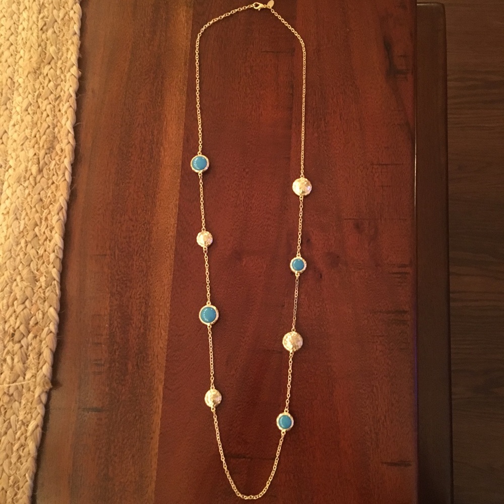 Gold & Blue Long Disc Necklace